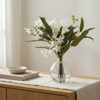 Candlelight White & Green 41Cm Artificial Floral Arrangement In Clear Glass Vase - image 1