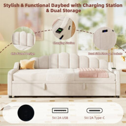 Abrihome 3Ft Single Daybed With Pull-Out Trundle, Velvet Upholstered Sofa Bed With Side Charging Station & Storage Pockets, Beige - thumbnail 3