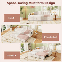 Abrihome 3Ft Single Daybed With Pull-Out Trundle, Velvet Upholstered Sofa Bed With Side Charging Station & Storage Pockets, Beige - thumbnail 5