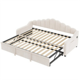 Abrihome 3Ft Single Daybed With Pull-Out Trundle, Velvet Upholstered Sofa Bed With Side Charging Station & Storage Pockets, Beige - thumbnail 9