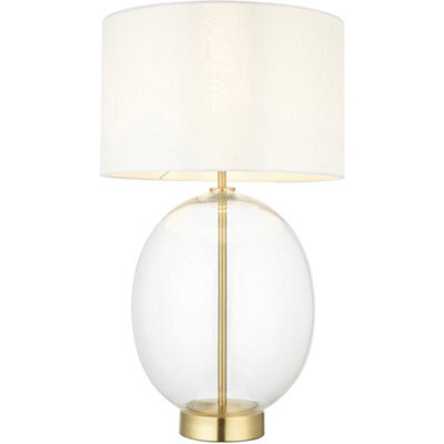 Loops Satin Brass Plate Table Lamp - Rounded Clear Glass With Vintage White Fabric Shade - Touch Dimmable - image 1