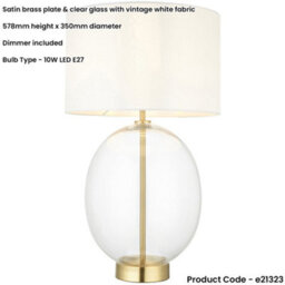 Loops Satin Brass Plate Table Lamp - Rounded Clear Glass With Vintage White Fabric Shade - Touch Dimmable - thumbnail 2