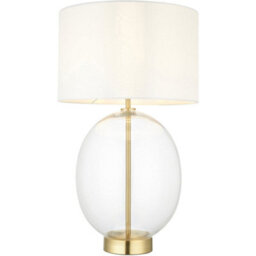 Loops Satin Brass Plate Table Lamp - Rounded Clear Glass With Vintage White Fabric Shade - Touch Dimmable