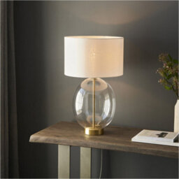Loops Satin Brass Plate Table Lamp - Rounded Clear Glass With Vintage White Fabric Shade - Touch Dimmable - thumbnail 4