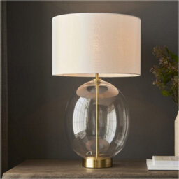 Loops Satin Brass Plate Table Lamp - Rounded Clear Glass With Vintage White Fabric Shade - Touch Dimmable - thumbnail 3