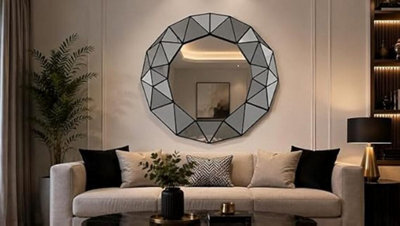 Biznest 3D Art Déco Wall Hanging Black Prism Effect Mirror Round Plastic Geometrical Design Trim Frame Multi-Faceted Style 60X59Cm