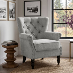 Tufted Grey Accent Chair Liana With Black Wooden Legs - Small Living Room Fabric Armchair - thumbnail 1