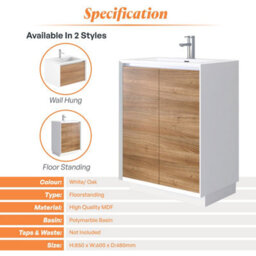 Plum&clay Declan White & Oak Floor Standing Vanity Unit With White Basin Set (W)600mm (H)850mm - thumbnail 4