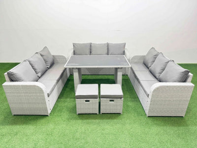 Fimous Patio Garden Furniture Sets With Black Glass Top Dining Table 3 Seater Sofa 2 Small Stool Light Grey - image 1