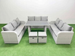 Fimous Patio Garden Furniture Sets With Black Glass Top Dining Table 3 Seater Sofa 2 Small Stool Light Grey - thumbnail 1