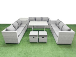 Fimous 11 Seat Outdoor Patio Pe Rattan Garden Furniture With Cushions 3 Seater Sofa Side Table 2 Small Stools Light Grey - thumbnail 2