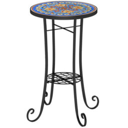 Outsunny 35.5Cm Round Mosaic Garden Side Table Plant Stand W/ Shelf, Blue - thumbnail 2