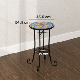 Outsunny 35.5Cm Round Mosaic Garden Side Table Plant Stand W/ Shelf, Blue - thumbnail 3