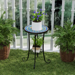 Outsunny 35.5Cm Round Mosaic Garden Side Table Plant Stand W/ Shelf, Blue - thumbnail 9