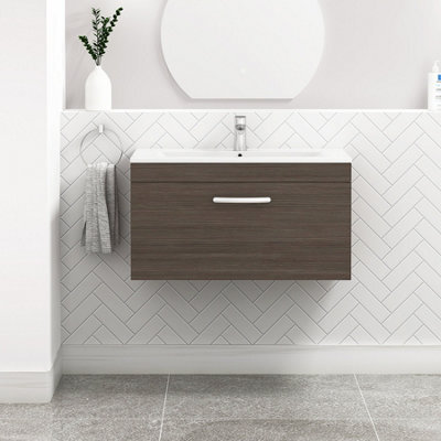 Royal Bathrooms Turin Grey Elm 800mm Wall Hung Vanity Unit 1 Drawer With Minimalist Basin Sink - image 1