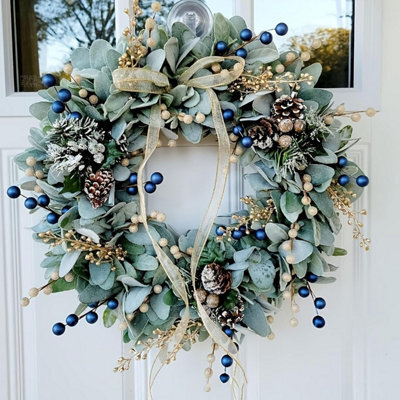 CLEFFNS 16 Inch Artificial Faux Eucalyptus Blueberry Wreath With Sheep Ears Golden Accent Realistic Wall Mountable Door Hanger - image 1