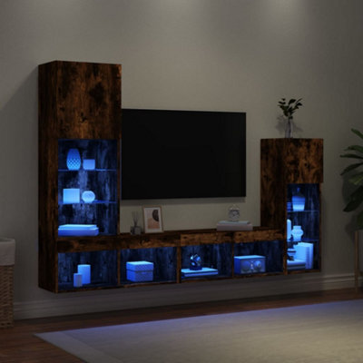 Berkfield 4 Piece Tv Wall Units With Led Smoked Oak Engineered Wood - image 1
