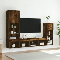 Berkfield 4 Piece Tv Wall Units With Led Smoked Oak Engineered Wood - thumbnail 4