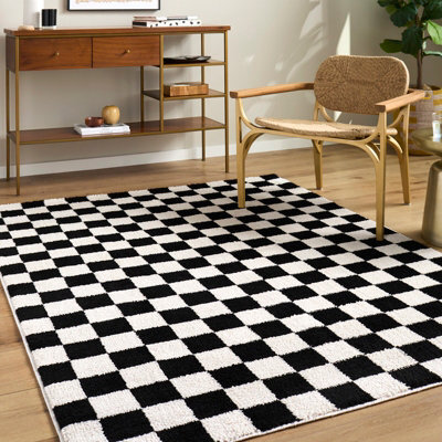 Livabliss Fossay Shaggy-Washable Cream Black Modern High Pile Checkered Living Bedroom Rug 160 X 213 Cm Easy Care, Non Shedding - image 1