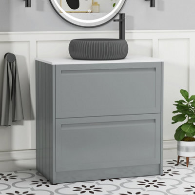 Royal Bathrooms Royal Bathroom Elmore 800mm Pebble Grey Freestanding Bathroom Vanity Unit 2 Drawer Plain White Worktop With Milan Black Basin - image 1