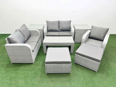 Fimous High Back Poly Rattan Garden Furniture Set Reclining Chair Loveseat Sofa Oblong Coffee Table Set 2 Big Stool 2 Side Table - image 1