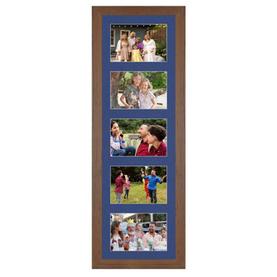 AK Frames 26X8 Walnut Modern Multi Photo Frame With Blue Mount - Holds 5 Apertures (5X) 6X4 Photos - image 1