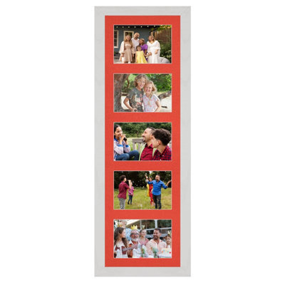 AK Frames 26X8 White Ash Modern Multi Photo Frame With Poppy Red Mount - Holds 5 Apertures (5X) 6X4 Photos - image 1