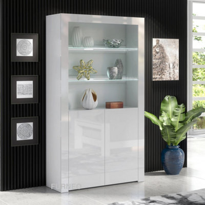 Furneo White Display Cabinet Modern High Gloss &matt 2-Door Cupboard White Led Lights Clifton 20 - image 1