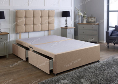 Comfy Deluxe 4Ft6 Beige Linen  Double Divan Bed Base With Headboard 4 Drawers