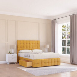"Sloomy 4Ft Berlin Divan Bed Base Mustard Plush ,4 Drawers, 12"" Footboard & 26"" Struts Headboard - Small Double" - thumbnail 1