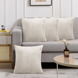 Ameha Beige Embossed Velvet Cushion Cover Pack Of 4, Soft Anti Allergic Zip Closure, 18X18 Inch - thumbnail 5