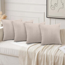Ameha Beige Embossed Velvet Cushion Cover Pack Of 4, Soft Anti Allergic Zip Closure, 18X18 Inch - thumbnail 3