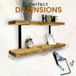 MKGT 110Cm Double Rustic Wooden Shelves Wall-Mounted Shelf With Seated Black L Brackets (Dark Oak) - thumbnail 2