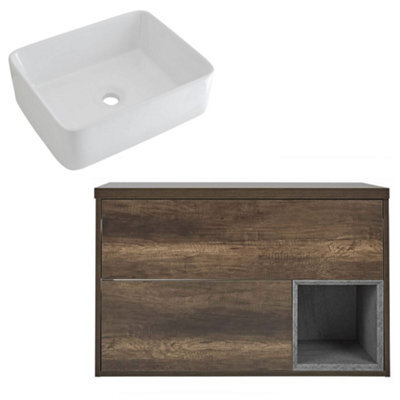Homestylestore 1000mm Dark Oak Led Lit Wall Hung Bathroom Vanity Unit With Rectangular Countertop Basin - image 1