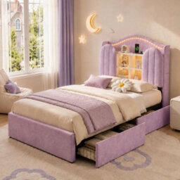 Merax 3Ft Single Bed 90X190 Cm, Velvet Bed With Led Storage Headboard, Charging Station, 2 Drawers, Children's Bed, Purple - thumbnail 3