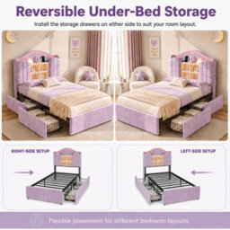 Merax 3Ft Single Bed 90X190 Cm, Velvet Bed With Led Storage Headboard, Charging Station, 2 Drawers, Children's Bed, Purple - thumbnail 7