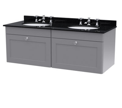 Balterley Swynnerton Traditional 2 Drawer Wall Hung Vanity Unit With Double Marble Basin, Satin Grey, 1200mm - image 1