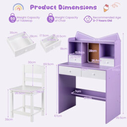 Gainoom Kids Purple + White Study Desk And Chair Set Student Writing Table With Chair Children Computer Workstation - thumbnail 2