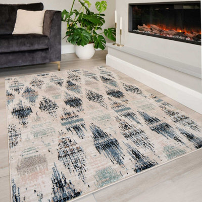 Loomed Navy Blue Beige Distressed Diamond Trellis Soft Living Area Rug 80X150Cm - image 1
