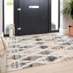 Loomed Navy Blue Beige Distressed Diamond Trellis Soft Living Area Rug 80X150Cm - thumbnail 2