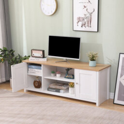 Furniturehmd Large Tv Unit 2 Doors Storage Cabinet Stand Multimedia Entertainment Centres With Shelves White And Oak - thumbnail 4