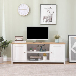 Furniturehmd Large Tv Unit 2 Doors Storage Cabinet Stand Multimedia Entertainment Centres With Shelves White And Oak - thumbnail 1