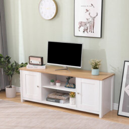 Furniturehmd Large Tv Unit 2 Doors Storage Cabinet Stand Multimedia Entertainment Centres With Shelves White And Oak - thumbnail 3