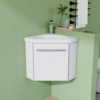 AVER-GROWTH 395mm Vanity Unit With Basin Corner Wall Hung Matt White Resin Sink Fully Assembled Bathroom Storage Cabinet Handles - image 1