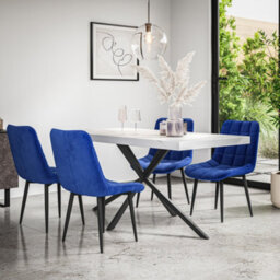 More4Homes Donni Dining Table And Chairs -  White Marble Effect Table Top W Black Legs + Nova Velvet Dining Chair Set Of 4 (Blue)