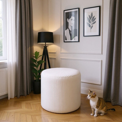 Living And Home Beige Corduroy Round Upholstered Footstool 41Cm Dia X 40Cm H - image 1