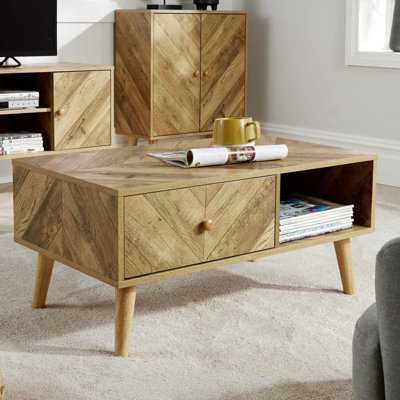 Coffee Table 1 Drawer Natural Open Storage Home Living Room Furniture Unit - image 1