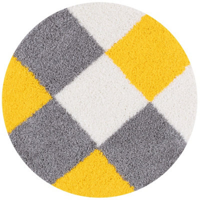 The Rugs Yellow Grey And Ivory Soft Checkerboard Design Fluffy Shaggy Rugs And Runners High Pile Living Room Kitchen Hallway 381 - image 1