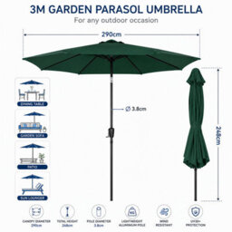 Billtix 3M Garden Parasol Umbrella Crank Tilt Patio Sun Shade Outdoor Canopy Uv Resistant Green 290Cm - thumbnail 2