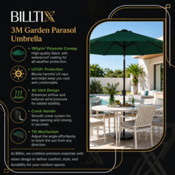 Billtix 3M Garden Parasol Umbrella Crank Tilt Patio Sun Shade Outdoor Canopy Uv Resistant Green 290Cm - thumbnail 3